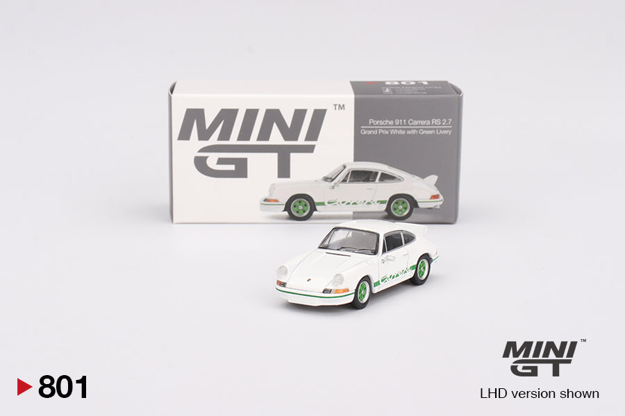 Mini GT 1/64 Porsche 911 Carrera RS 2.7 Grand Prix White With Green Livery White