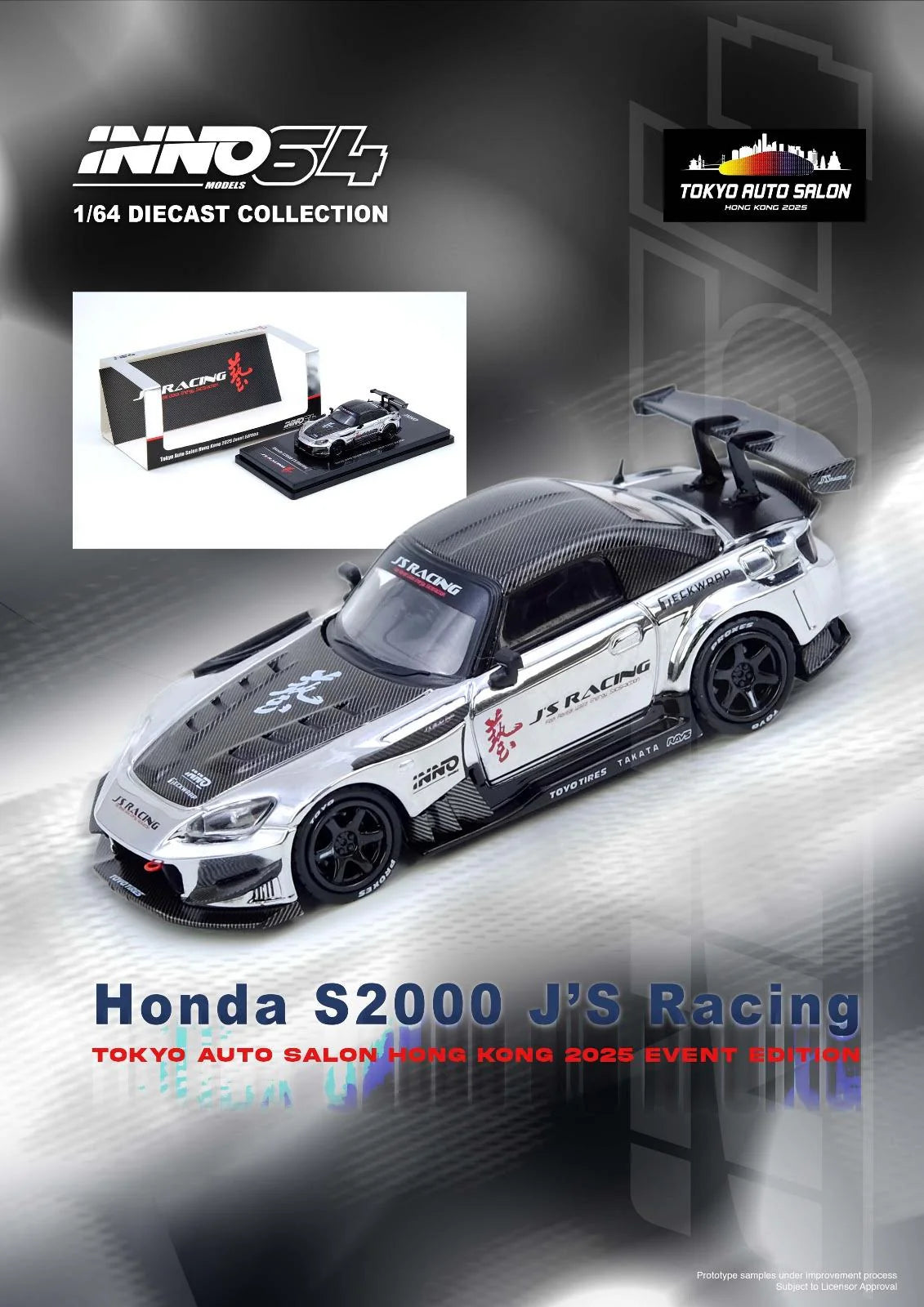 Inno64 1/64 Honda S2000 J'S Racing Tokyo Auto Salon Hong Kong 2025 Event Edition Chrome Silver - IN64-S2000JS-TASHK25