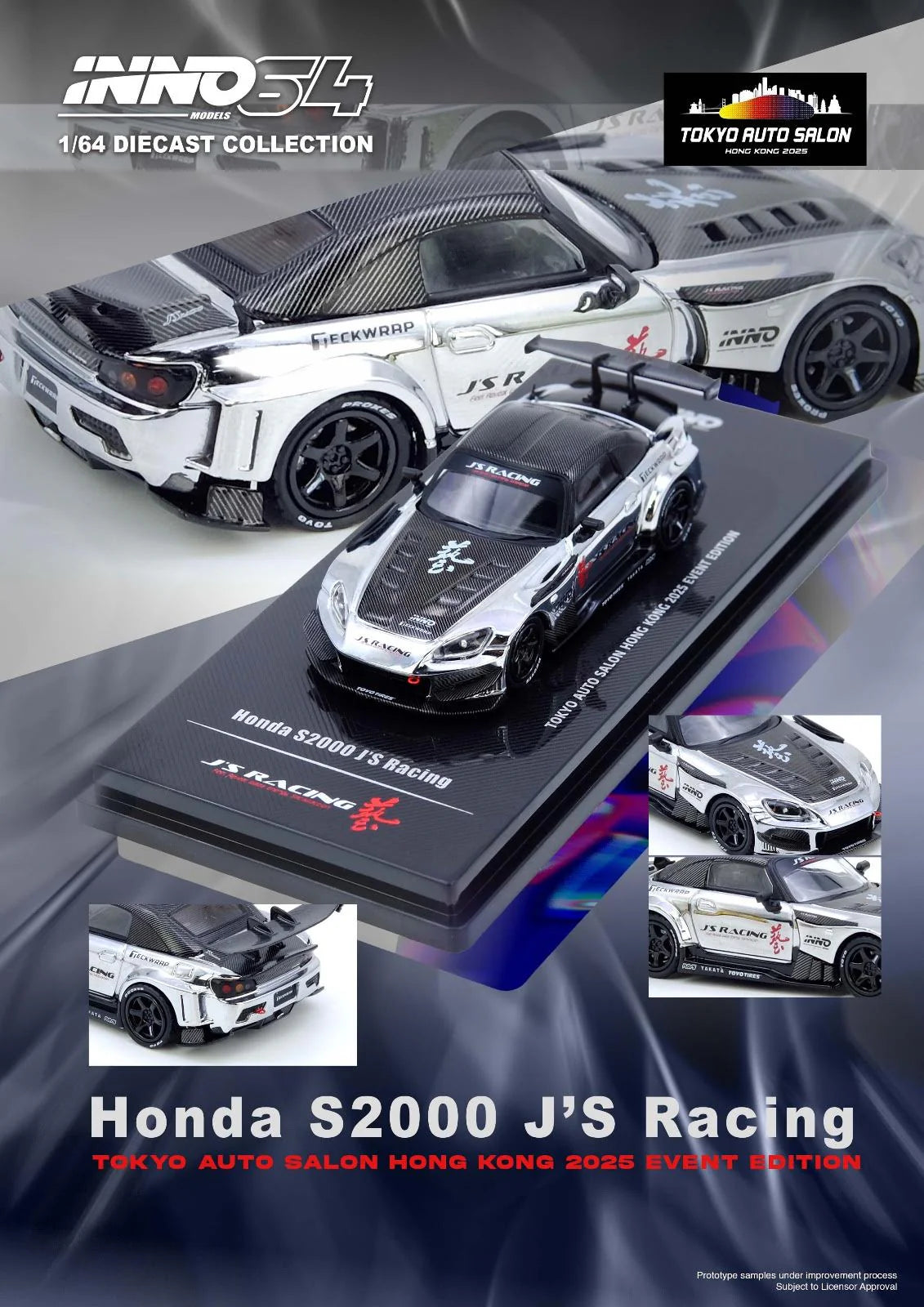 Inno64 1/64 Honda S2000 J'S Racing Tokyo Auto Salon Hong Kong 2025 Event Edition Chrome Silver - IN64-S2000JS-TASHK25