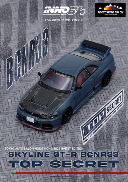 Inno64 1/64 Top Secret Nissan Skyline GT-R BCNR33 Tokyo Auto Salon Hong Kong 2025 Event Edition Blue - IN64-R33TS-TASHK25