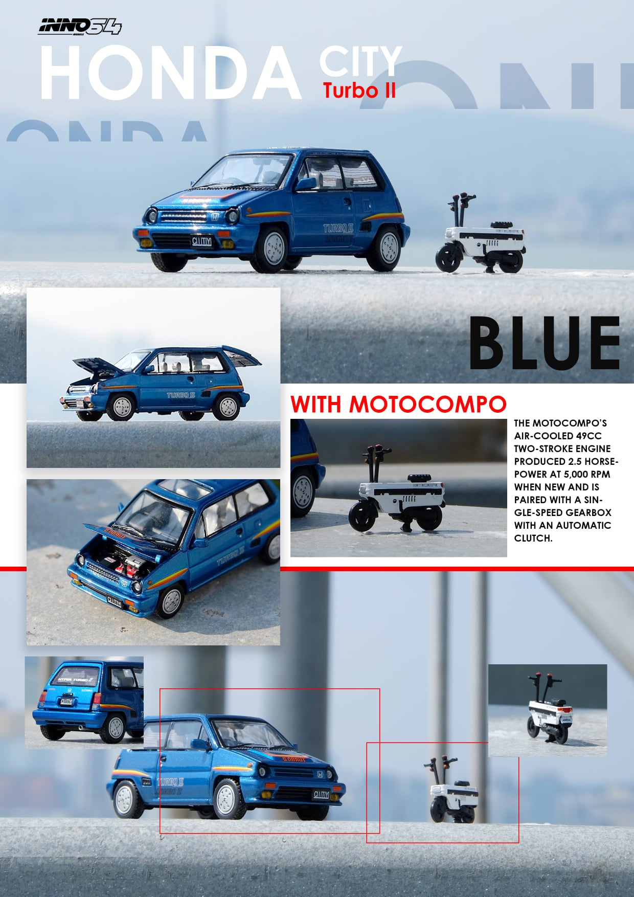 Inno64 1/64 Honda City Turbo II Blue w/ Motocompo - IN64-CITYII-BLU - Damaged Box