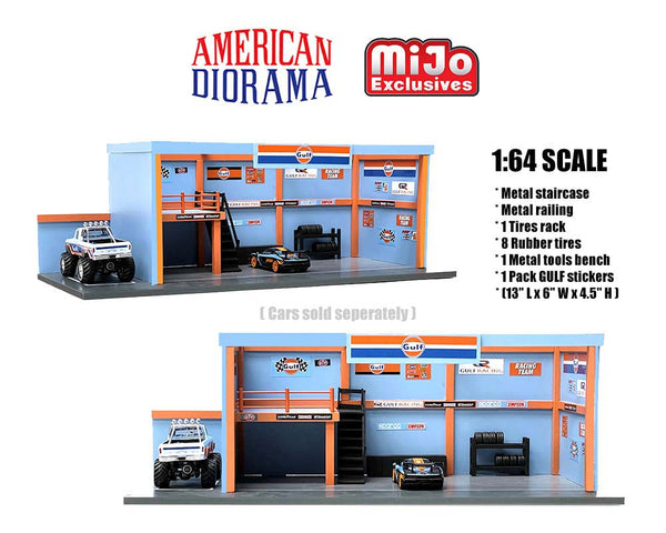 1/64 American Diorama Garage w/ Gulf Racing Stickers