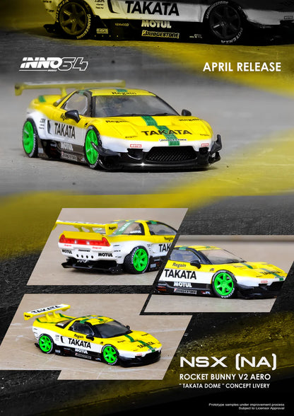 Inno64 1/64 Honda NSX (NA1) Rocket Bunny V2 Aero Takata Dome Yellow & White
