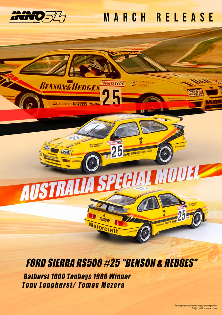 Inno64 1/64 1988 Ford Sierra RS500 #25 Bathurst 1000 Tooheys Winner "Benson & Hedges" Yellow