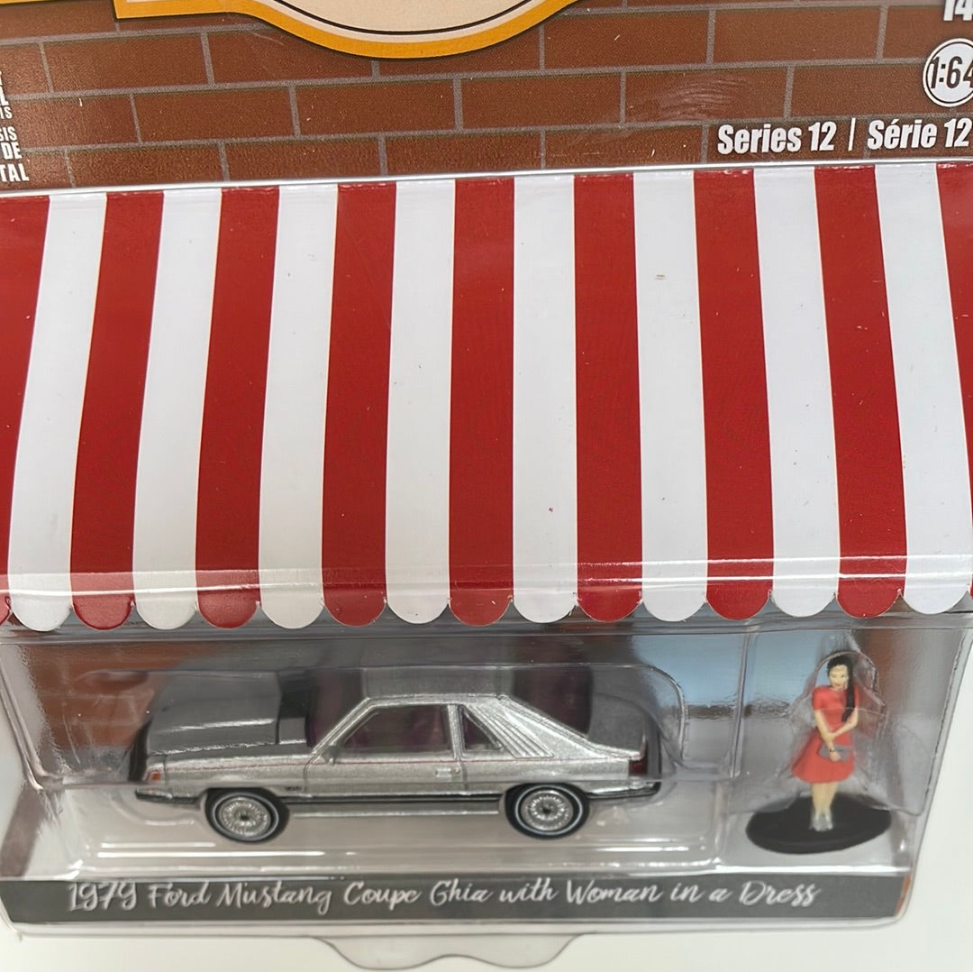 Greenlight 1/64 1979 Ford Mustang Coupe Ghia W/ Woman In A Dress Silver