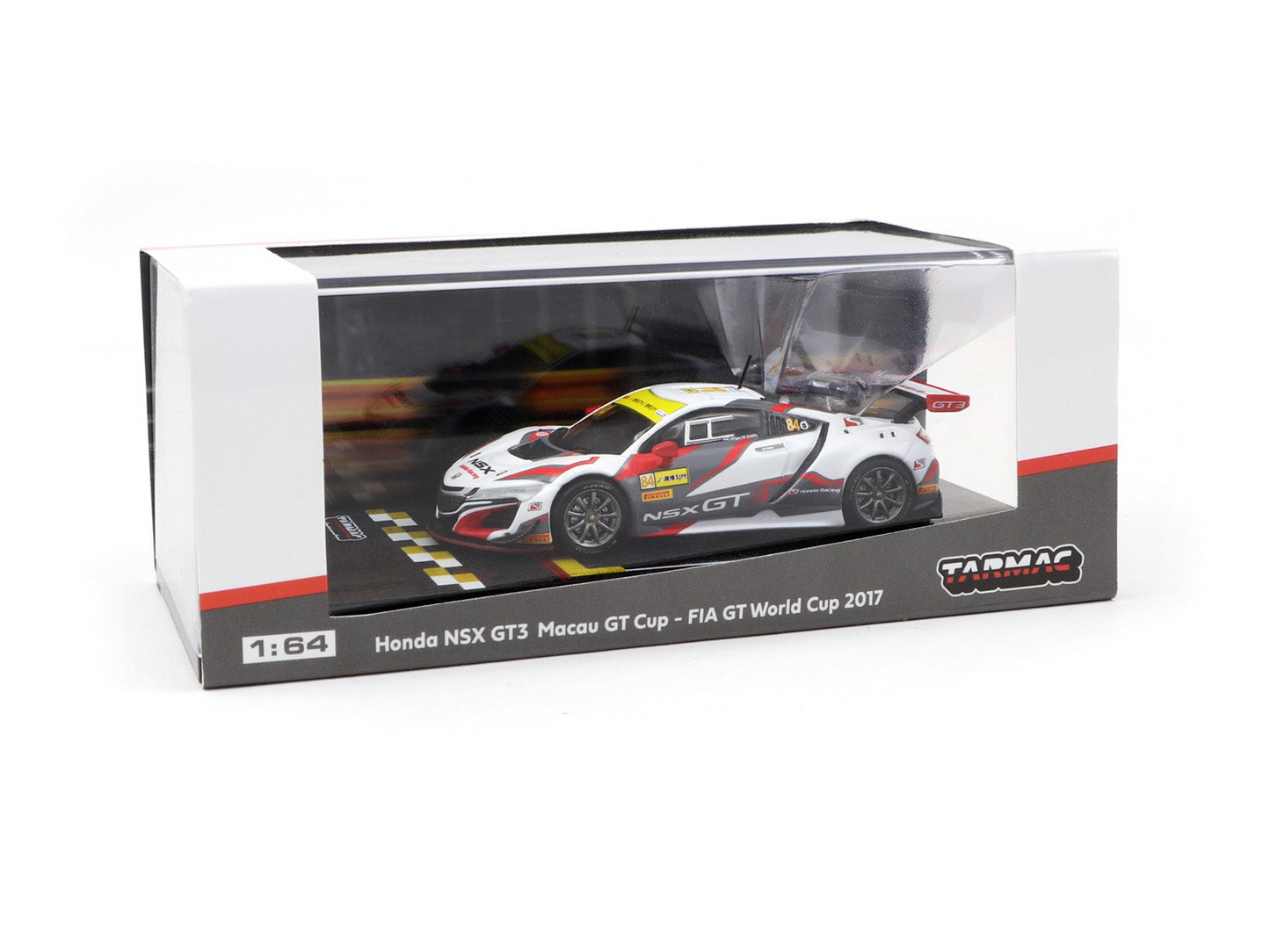 Tarmac Works Hobby64 1/64 2017 Honda NSX GT3 Macau GT Cup Fia Gt World Cup White & Grey
