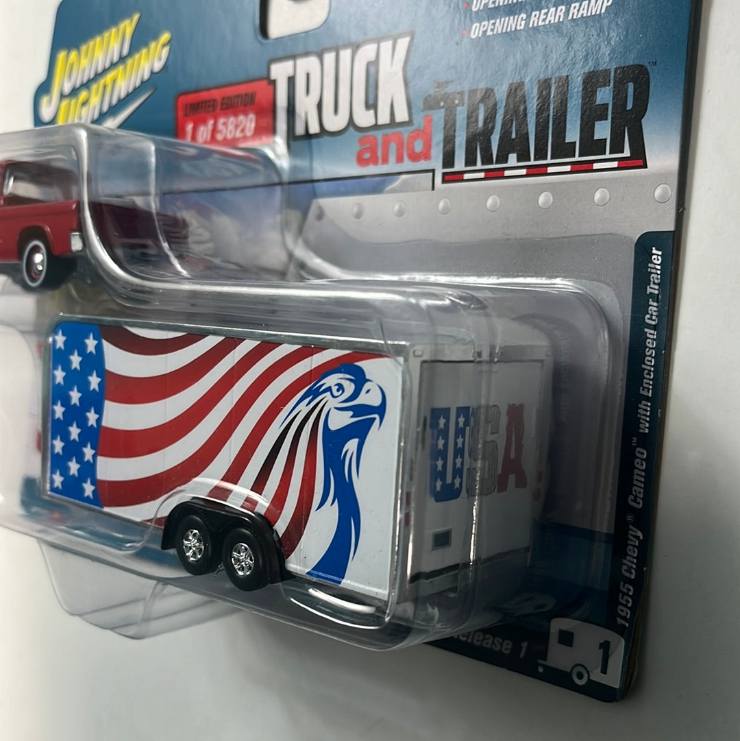 Johnny Lightning 1/64 Truck & Trailer 1955 Chevy Cameo w/ Enclosed Car Trailer