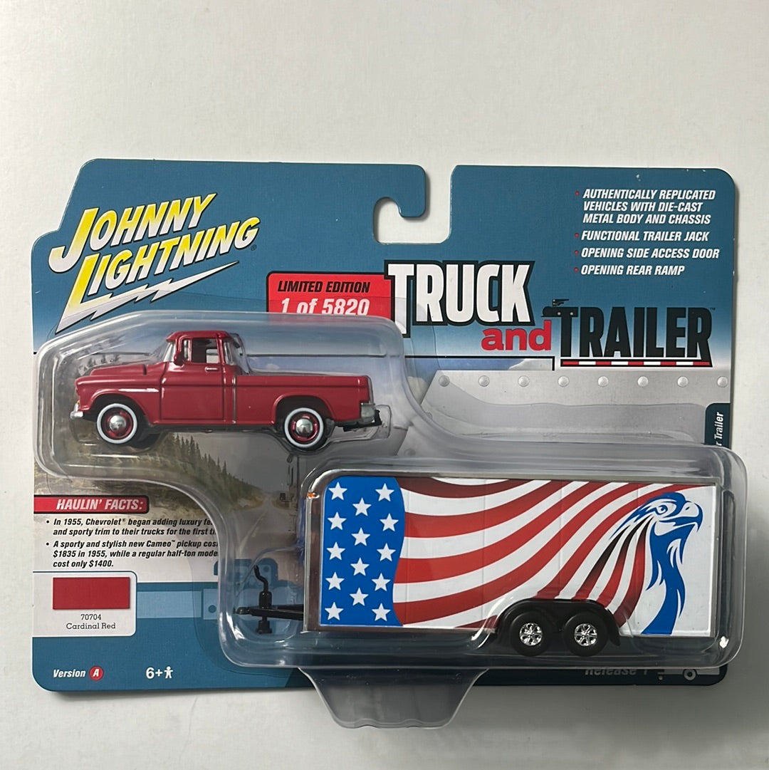 Johnny Lightning 1/64 Truck & Trailer 1955 Chevy Cameo w/ Enclosed Car Trailer