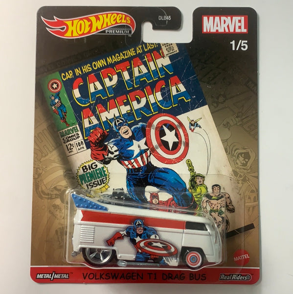 Hot Wheels 1/64 Pop Culture Volkswagen T1 Drag Bus Captain America White