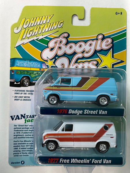 Johnny Lightning 1/64 Boogie Vans 1976 Dodge Street Van & 1977 Free Wheelin’ Ford Van Version A - Damaged Box